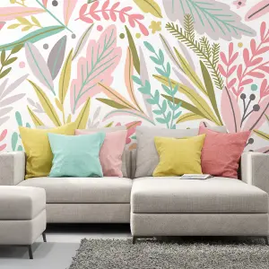 Origin Murals Tropical Patterned Leaves Green & Pink Matt Smooth Paste the Wall Mural 350cm wide x 280cm high