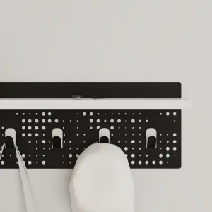 Decortie Modern 7 Hooks Wall Mounted Popy Hanger with Floating Shelf Laser-cut Metal Surface White