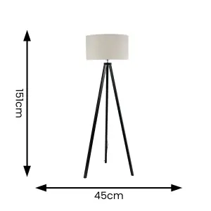 ValueLights Barbro Black Wood Tripod Floor Lamp with Natural Linen with White Trim Drum Shade and LED Bulb