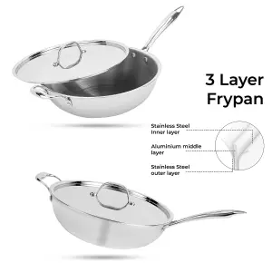 Royalford Triply Stainless Steel Wok Pan with Lid, Long Handle Deep Stir Fry Pan with Induction Base 26cm