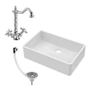 795mm - 1 Bowl Fireclay Butler Kitchen Sink - French Classic Tap &  Overflow