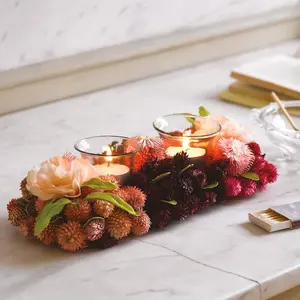 Strawflower Dual Tealight Holder for Real or LED Candles - Candleholder with Helichrysums, Artificial Roses, Leaves & Seed Heads