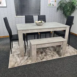 Dining Table and 4 Chairs With Bench Stone Grey Effect Wood Table 4 Black Leather Chairs Dining Room