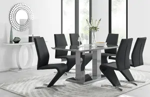 Imperia Grey High Gloss 6 Seater Dining Table with Structural 2 Plinth Column Legs And 6 Black Faux Leather Willow Chairs