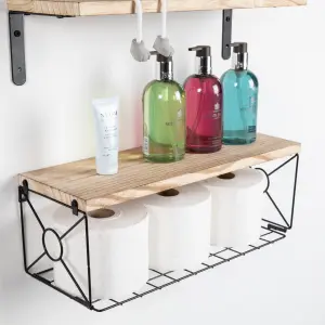 Floating Shelf Wall Mounted 3 Wood Shelves With Metal Basket