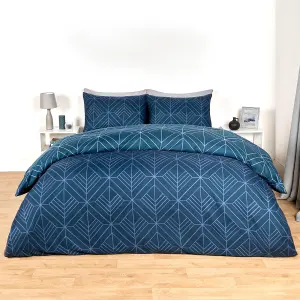 Geo Duvet Cover Bedding Set Pillowcase Reversible Art Deco Quilt, Navy - King