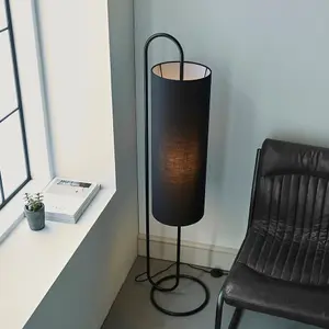 Matt Black Oval Floor Lamp & Black Fabric Shade - 1360mm Height - Standing Light