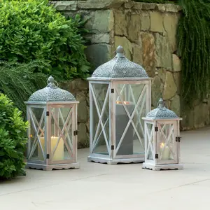 Set Of 3 "Cut" Lanterns, Wood & Glass, Bleached Effect