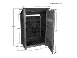 Wooden log store (roof sloping back) with door W-119cm, H-180cm, D-88cm - brown finish