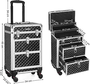 SONGMICS Make Up Trolley, Cosmetic Case, Beauty Case, Hairdressing Case, with 4 Removable Universal Wheels, Top with 3 Levels, Dra