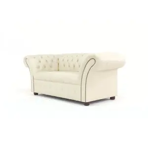 Chesterfield 2 Seater Buttoned Seat Cottonseed Real Leather Sofa Settee In Balmoral Style