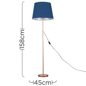 ValueLights Modern Copper Metal Standard Floor Lamp With Navy Blue Tapered Shade - Includes 6w LED Bulb 3000K Warm White