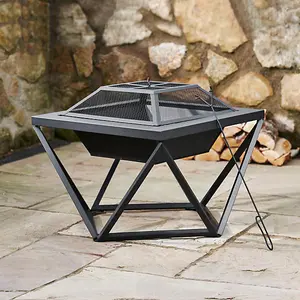 Teamson Home Outdoor Wood Burning Fire Pit, Square Metal Garden Heater, Log Burner, Includes Lid & Poker - 60 x 60 x 52 (cm)