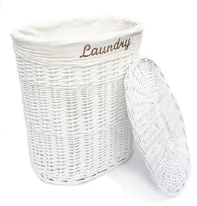 Oval Wicker Laundry Basket With Lid & Removable Cotton Lining White with White cloth,Large 37x50x55 cm