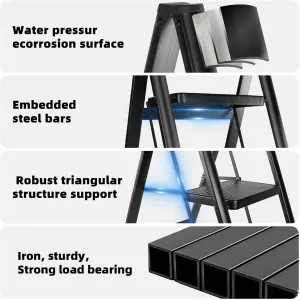 Black 3 Step Ladder Folding Metal Non Slip Stool Heavy Duty Carbon Steel