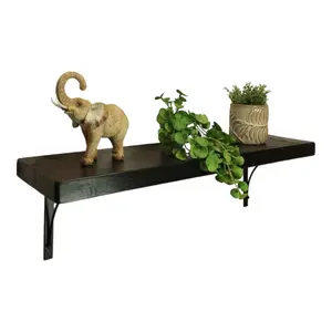 Solid Wood Handmade Rustical Shelf Black Ash 175mm 7 inch with Black Metal Bracket BOW Length of 190cm