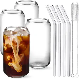 4 X 16oz Can Shaped Glass Cups - Drinking Glasses with Glass Straw - Classic Design With Aesthetic Appeal