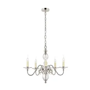 Luminosa Tilburg 5 Light Multi Arm Ceiling Pendant Chandelier Polished Nickel, Clear Crystal, E14