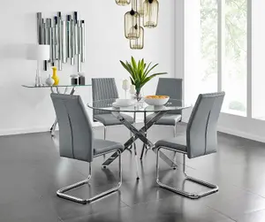 Furniturebox UK Novara Chrome Metal And Glass Large Round Dining Table And 4 Elephant Grey Lorenzo Chairs Set