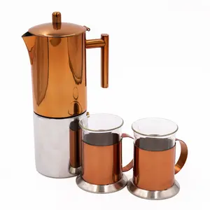 3pc Espresso Set including 10-Cup Copper Espresso Coffee Maker and Two Coffee Mugs