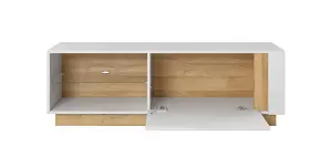 Elegant White Gloss & Oak Arco TV Cabinet H460mm W1380mm D400mm with Storage