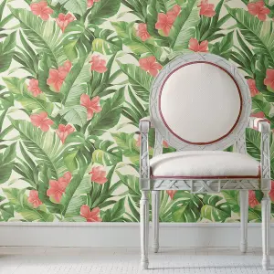 NuWallpaper NU2926 Tropical Paradise Peel & Stick Wallpaper, Green & Pink