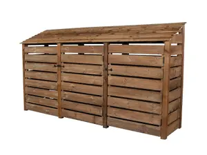 Slatted wooden log store with door and kindling shelf W-335cm, H-180cm, D-88cm - brown finish