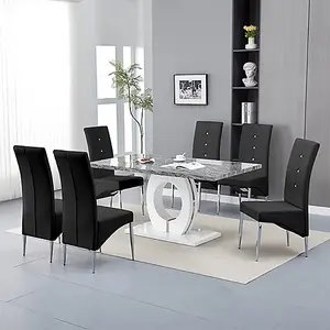 Furniture In Fashion Halo Melange Marble Effect Dining Table 6 Vesta Black Chairs