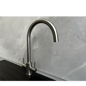 Liquida AD395BS Swan Neck Twin Lever Kitchen Mixer Tap In Brushed Steel