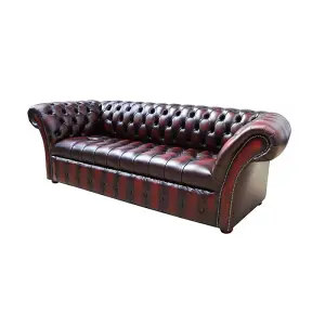 Chesterfield 3 Seater Buttoned Seat Sofa Antique Oxblood Red Real Leather In Balmoral Style