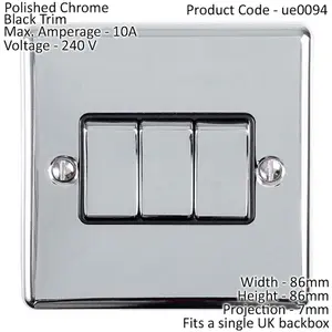 3 Gang Triple Light Switch POLISHED CHROME 2 Way 10A Black Trim & Metal Rocker