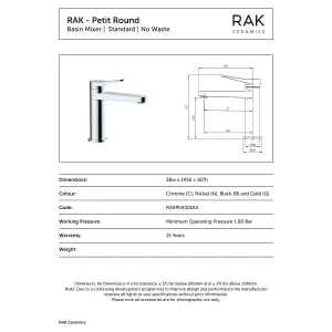 RAK Petit Brushed Nickel Modern Basin Sink Mixer Tap Solid Brass