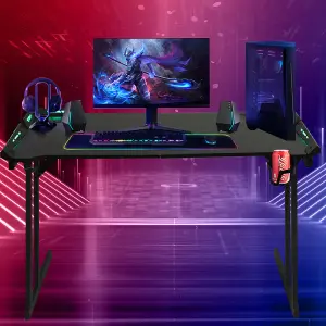 LED Computer RGB Gaming Desk with Cup Holder and Headphone Hook