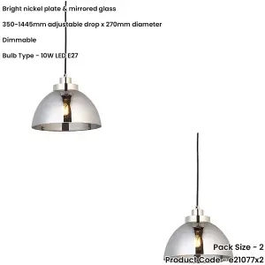 2 PACK Hanging Ceiling Pendant Light - Bright Nickel Plate & Mirrored Glass - 10W LED E27