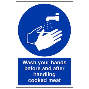 Handling Cooked Meat Wash Hands Sign - Rigid Plastic - 150x200mm (x3)