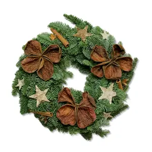 Real Christmas Wreath with Wooden Stars and Dried Flowers - 30cm/12" - Noble Fir Wreath For Indoor/Outdoor Christmas Decoration