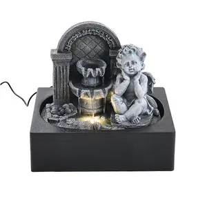 Grey Resin Tabletop Cherub  Electric Fountain Water Feature with LED Light