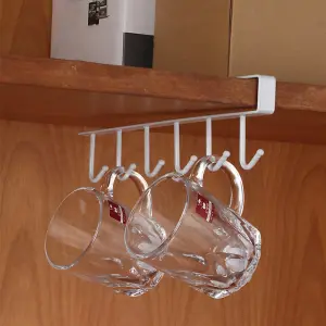 White Metal 6 Hooks Rail Cup Hook Rack  Hanging Holder Under Cabinet Closet