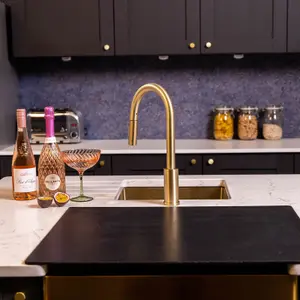 Flode Runda Kitchen Sink Mixer with Pull out Spray Brushed Brass Square Head