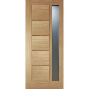 Linear 5 panel Frosted glass Obscure White oak veneer Swinging External Front Door, (H)1981mm (W)838mm