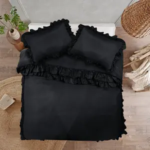 Amiela Microfiber Solid Colour Duvet Cover Set with Pillowcases Black / Kingsize + 2 Standard Pillowcases