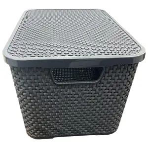 2 x Nature Inspired Grey Home & Office Rattan Effect Storage Baskets With Lids