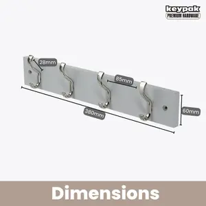 keypak Wall-Mounted Coat Rack - 4 Hooks on Modern Wooden Base for Wall & Door - 38cm (Satin Nickel/Dove Grey)