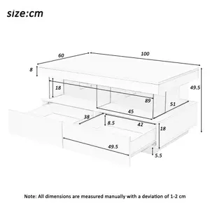 High Gloss Tea Table with 16-Color LED Lights, with 2 Drawers and Open Storage Space, White