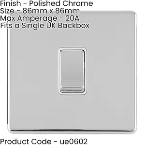 1 Gang 20A Single Light Switch SCREWLESS POLISHED CHROME 2 Way Slim Rocker Plate