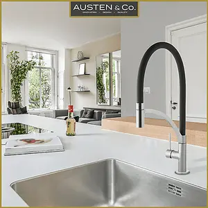 Austen & Co. Madrid Brushed Chrome With Black Pullout Spray Hose Kitchen Mixer Tap. Single Lever Handle & 360 Degree Spout