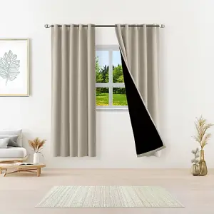 Beige Eyelet Total Blackout Thermal Curtains  - 66 x 84 Inch Drop - 2 Panel