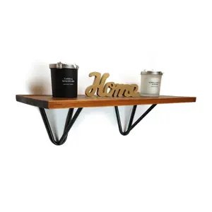 Solid Pine Rustical Shelf Dark Oak Black Hairpin Bracket Style 25x100cm