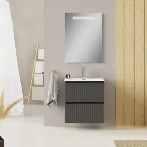 Banyetti Linea Matt Grey Ribbed Double Drawer Wall Hung Vanity Unit 600mm x 390mm