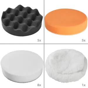 Buffer Pads - 1 pad, 18 sponges, wiper, sponge, glove, 2 microfibre cloths, 5 polishing wheels - colourful